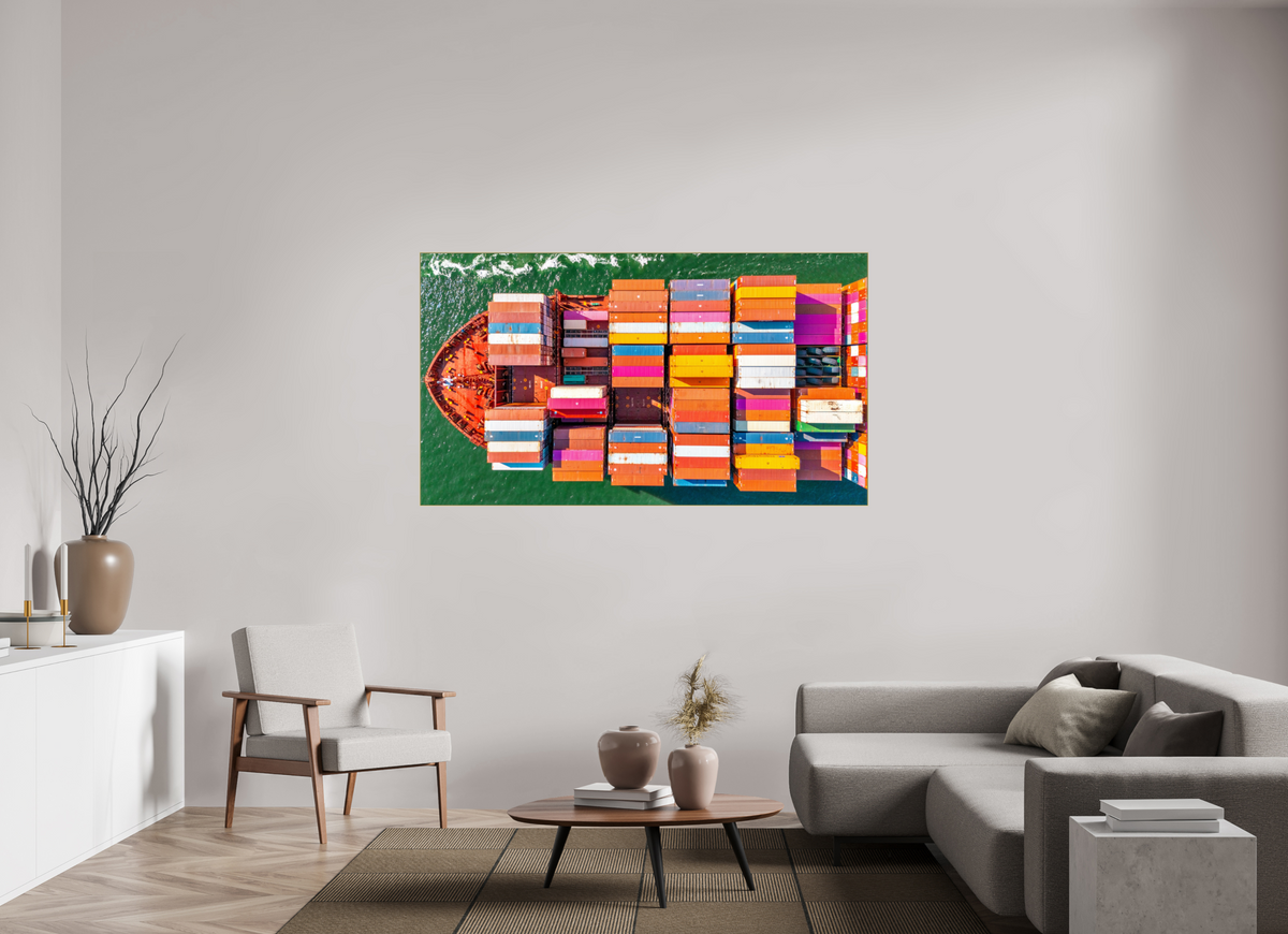 70 x 39.4″, 0.4" Gold Aluminum Artbox Frame (Print on Aluminum DiBond) Container Ship on the Harbor - Charleston, South Carolina