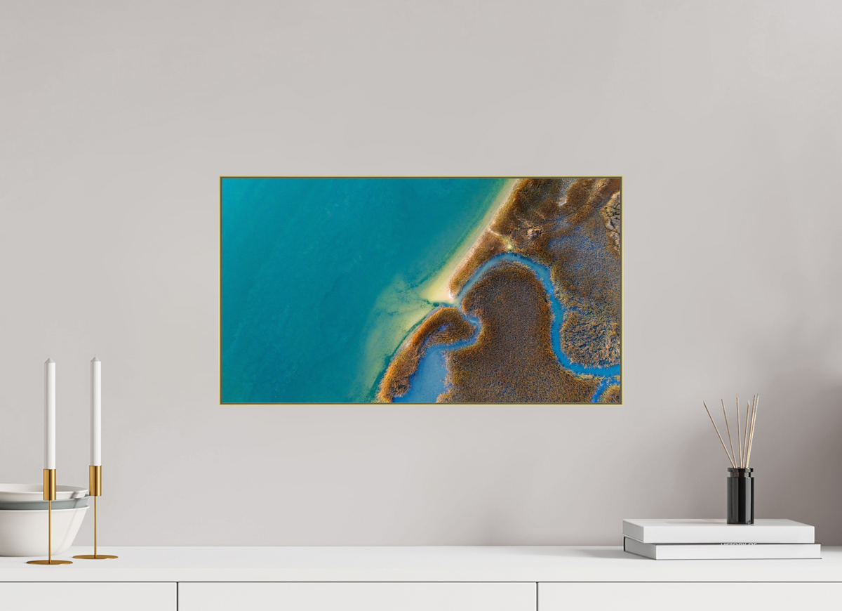 21″ x 11.8″, 0.4" Gold Aluminum Artbox Frame (Print on Aluminum DiBond) Winter Waters in Charleston
